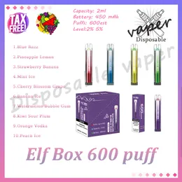 Auténtico Elf Box 600 Puff Vape Pen desechable 2 ml Pod precargado Bobina de malla 2% 5% Evaporador Vape Pen Kit E Cigarrillo 10 sabores En stock