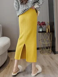 Women Solid Striped Pencil Midi Knitted Skirt High Waist Ladies Autumn Winter Warm Straight Elastic Waist Wrap Hip Split Skirts 240109