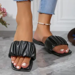 Chinelos Traf Sapatos Lisos para Mulheres Sandálias de Strass Verão 2024 Mulher Casual Squared Toes Luxury Straps Slider