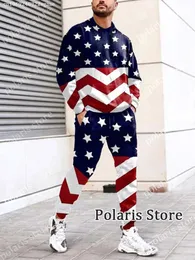 American Flag Tracksuit 남자 미국 바지 2 조각 의상 긴 소매 티셔츠 세트 바지 스웨트 팬츠 조깅 정장 대형 옷 240108