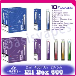 100% Original Elf Box 600 Descartável E Cigarro 450mAh Bateria 2% 5% Nível 2ml Pod 10 Sabor VS SKI Crystal Bar 600