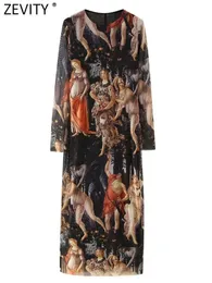 Zevity Women Fashion Oil Painting Printingメッシュスリムミディドレス女性シックOネック長袖カジュアルパーティーVestidos DS3459 240109