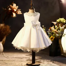 Abiti da ragazza Fiore di raso bianco per perle da sposa Gonfio con fiocco Carino Party Kids Baby Pageant Compleanno Abiti da ballo Abito 2024