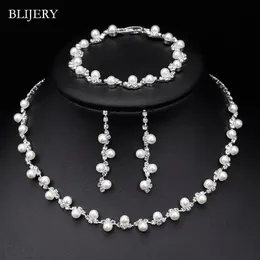 Necklaces Blijery Fashion Simulated Pearl Crystal Bridal Jewelry Sets Simple Women Choker Necklace Earrings Bracelet Wedding Jewelry Sets