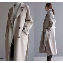 Trench-coat d'hiver pour femmes, élégant et à la mode, manteau en laine épaisse décontracté, veste longue en dentelle beige, manteau noir pour femmes 240109