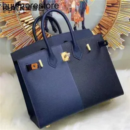 Borsa a mano firmata 7A Handswen Pelle di vacchetta Vera pelle nera fatta a mano Epsom nero colorato 25CM Bottone in oro coloratoIUFA16MS8VH5