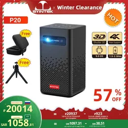 프로젝터 Byintek P20 3D 4K Cinema 1080P Smart Android Wi -Fi LED DLP 홈 시어터 야외 휴대용 미니 프로젝터가있는 Batteryl240105