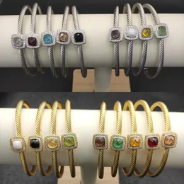 spessore 4MM Bracciale rigido con polsino aperto DY di alta qualità Cavo di design Bracciale classico con pietre quadrate intrecciate in argento sterling placcato oro