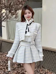 Autumn Winter liten doft tweed Two Piece Set Women Sweet Beading Woolen Jackets veckade kjol kostymer kvinnliga kläder 240109