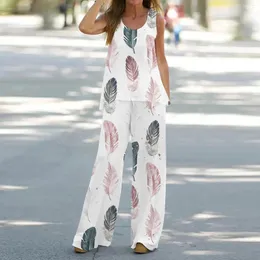 Pantaloni a due pezzi da donna Pantaloni estivi da donna Stampa di piume Girocollo senza maniche Canotta e gamba larga Set Causale Streetwear 2024 Y2k Abbigliamento