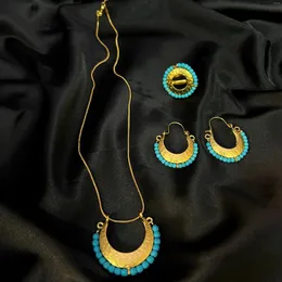 Necklace Earrings Set MANDI Ethnic Blue Bead Gold Plated Crescent Moon Women's Professional Factory Pendant Ring Earring