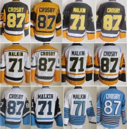 Homens Vintage Clássico Hóquei 87 Sidney Crosby Retro Jersey 71 Evgeni Malkin CCM Preto Branco Azul Amarelo Equipe Cor Bordado e Costura para 74