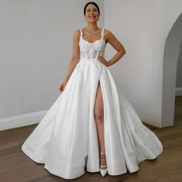 Stylish Appliqued Wedding Dresses Pearls Side Split Bridal Gowns Sequined A Line Sweep Train Satin Vestido De Novia