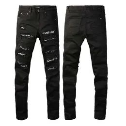 Jeans in pelle patchwork nera con celebrità in stile americano, vestibilità slim, elastici, versatili, in diretta streaming su Internet