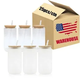 CA USA Stock 16oz DIY Boş Süblimasyon Buzlu Kahve Soda için Bambu Kapağı ve Pipetli Bir Bira Cam Kupaları Olabilir 109 4.23