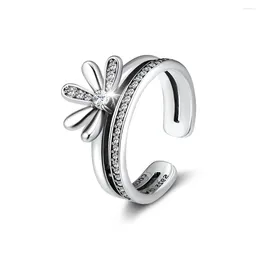 Cluster Rings Floral Daisy Authentic 925 Sterling-Silver-jewelry med Clear CZ