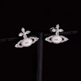 Desginer Viviene Westwoods Empress Dowager's Oval Pearl Horse EyeZircon Cross Saturn Earrings Memaly Classic Full Diamond Planet Earrings