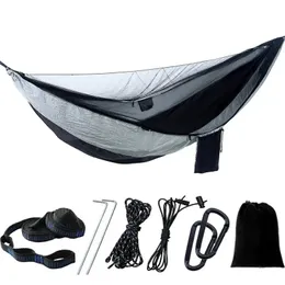 Camping Hammock with Mosquito Net Portable Parachute 6 Ring Strap Double Travel Hammockoutdoor Backpacking Swing Chair 240109