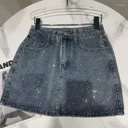 Saias 2024 coleção primavera verão strass diamantes denim magro bodycon curto mini saia mulheres gh508