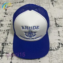 Klassieke Mode Blauwe Letters Kroon Borduren Rhude Hoed Mannen Vrouwen Verstelbare Zonnebrandcrème Mesh Patchwork Baseball Cap 2BNT 8T8U 8T8U