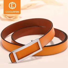 CoolerFire Designer Gold Buckle Belt Midje Kvinnlig mager tunna äkta läderbälten för kvinnor klänning LB016 240109