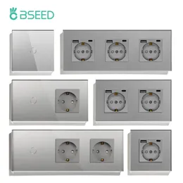 BSEED WALL LIGHT SWITCH TOUCH EU 전원 소켓 USB 회색 유리 패널 EU 표준 Darkblue 백라이트 240108을 갖춘 1/2/3gang 센서 스위치