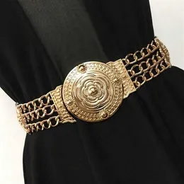 2019 Kadın Çiçek Bel Kemerleri Moda Bayanlar Çiçek Elastik Geniş Altın Metal Kemer Elbise Kadın Altın Zincir Kemer 263N