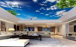 3d soffitto murales carta da parati cielo blu nuvole bianche albero di cocco uccelli marini sole soffitto5537854