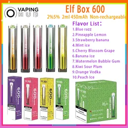 Boîte d'origine ELF 600 Puff E Cigarettes Bobine de maille 2 ml Pod pré-rempli Puffs 600 450 mAh Batterie 10 Saveurs 2% 5% Kit de stylo vape jetable