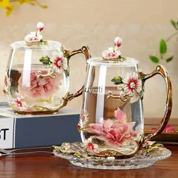 Mugs Beauty and Novelty Emamel Coffee Cup Mug Flower Te Glass Cups For Hot and Cold Drinks Tea Cup Spoon Set Perfect Wedding Present YQ240109