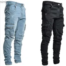 Jeans da uomo Jeans Pantaloni da uomo Lavare Tinta unita Tasche lti Denim Jeans cargo a vita media Plus Size Fahsion Pantaloni casual Abbigliamento quotidianoL240109