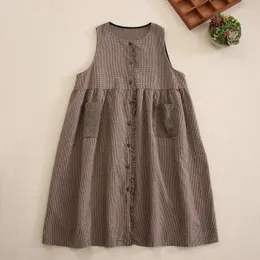 Vestidos casuais vintage xadrez em torno do pescoço de algodão vestido de linho mulheres soltas empilhadas cardigan bolsos quatro estações colete colete marrom cáqui