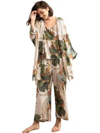 Womens 3 PCS Sleepwear Leaf Print Cami and Pants Pyjama Set med Robe S3XL 240108