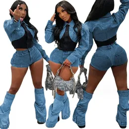 2024 Women's Tracksuits Spring Shorts Set Women Two Piece Streetwear Long Sleeve Top And Pants Sexy Outfits Stretchy Denim Jeans