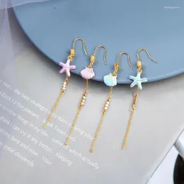 Dangle Brincos Uer Ocean Beach Estilo Esmalte Starfish Shell Drop para Mulheres Brilhante Zircão Assimétrico 2024 Moda Jóias