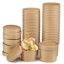 20Pcs Soup Cups Paper Kraft Containers Bowls Disposable Porridgelids Cup Cardboard Takeout 240108
