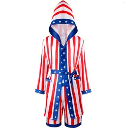 Herrspårsräkter Boxning Set American Star Red and Blue Striped Robe Performance Outer Coat Belt Shorts