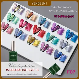 Vendeeni 15 cores/conjunto colorido cristal aurora gato olho gel unha polonês verniz gel magnético uv led embeber fora gel laca 240108