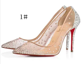 İlkbahar Yaz Zarif Stiller Kadın Ayakkabı Rhinestone Yüksek Topuklu Kristaller Saçlı Ayak Örgü Pompalar Kırmızı Dipler Taban Düğün Ayakkabıları 8 10 4111823