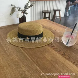 Designer Ball Caps Spring and Summer Golden Woven Straw Hat Little Bee Women's Wide brimmed Sun Protection Outgoing Sun Protection Flat Top Hat B48C