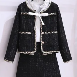 Outono inverno elegante preto tweed conjunto de duas peças feminino manga comprida jaqueta de lã curta mini conjunto de esqui elegante conjunto de duas peças 240109