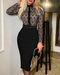 Kvinnor Sexig elegant kontrasttryck Lång ärm Slim Lång klänning med Belt Lady Wrap Hips BodyCon Party Evening Dresses Clubwear VE 240109