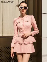 Pink tweed kurtka spódniczka moda moda odchudzam profesjonalny zestaw damski jesieńcinter klasyczny 2piece 240109