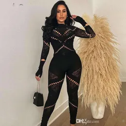 2024 Womens Jumpsuit Solid Autumn Round Neck Long Sleeve Hollow Out Diamonds Spliced Slim Fit Sexy High Waist Rompers jumpsuits onepiece woman clothing