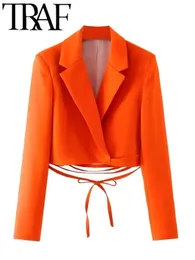 ジャケットトラフブレザーカジュアル2022春の女性ジャケットノッチ付きカラー長袖オフィスレディークロップトップレースアップ女性ブレザーオレンジ