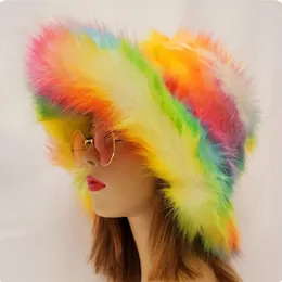 Chapeaux seau chauds d'hiver en fausse fourrure pour femmes et filles, grande fausse fourrure moelleuse de luxe en peluche, casquettes de pêcheur à la mode, chapeau de Ski en plein air 240108