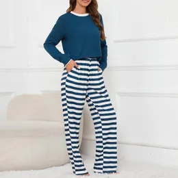 Mulheres sleepwear mulheres pijamas conjunto usar manga longa topslong calças 2 peças o pescoço t com listrado loungewear casa terno