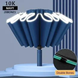 10K двойной костяной реверсивный полностью автоматический зонт для мужчин и женщин с большой ветрозащитной светоотражающей полосой в солнечную и дождливую погоду 240109