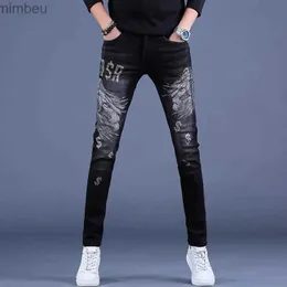 Herren Jeans Korea Version Herren Edle Schwarze Jeans Weiße Waschung Slim Stretch JeansLeichte Luxus Stickerei Jeans Stilvolle Sexy Street Jeans;L240108