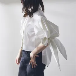 Женские блузки WAKUTA, женские рубашки со съемным бантом, лето 2024, мятые однобортные японские рубашки с объемными рукавами, отложные Blusas Mujer